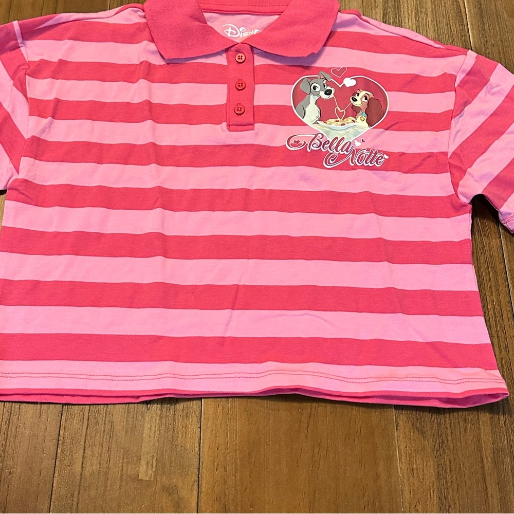 Disney Girls Pink Striped Cropped Lady & the Tramp Polo Shirt various sizes - Picture 12 of 12